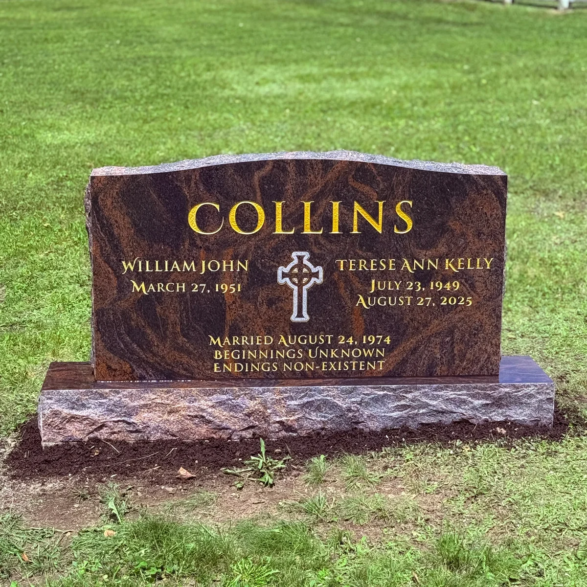 The Collins memorial — Taj Aurora upright, polished front and back, rock-pitched top, sides, and base, gold lettering, sandblast Celtic cross