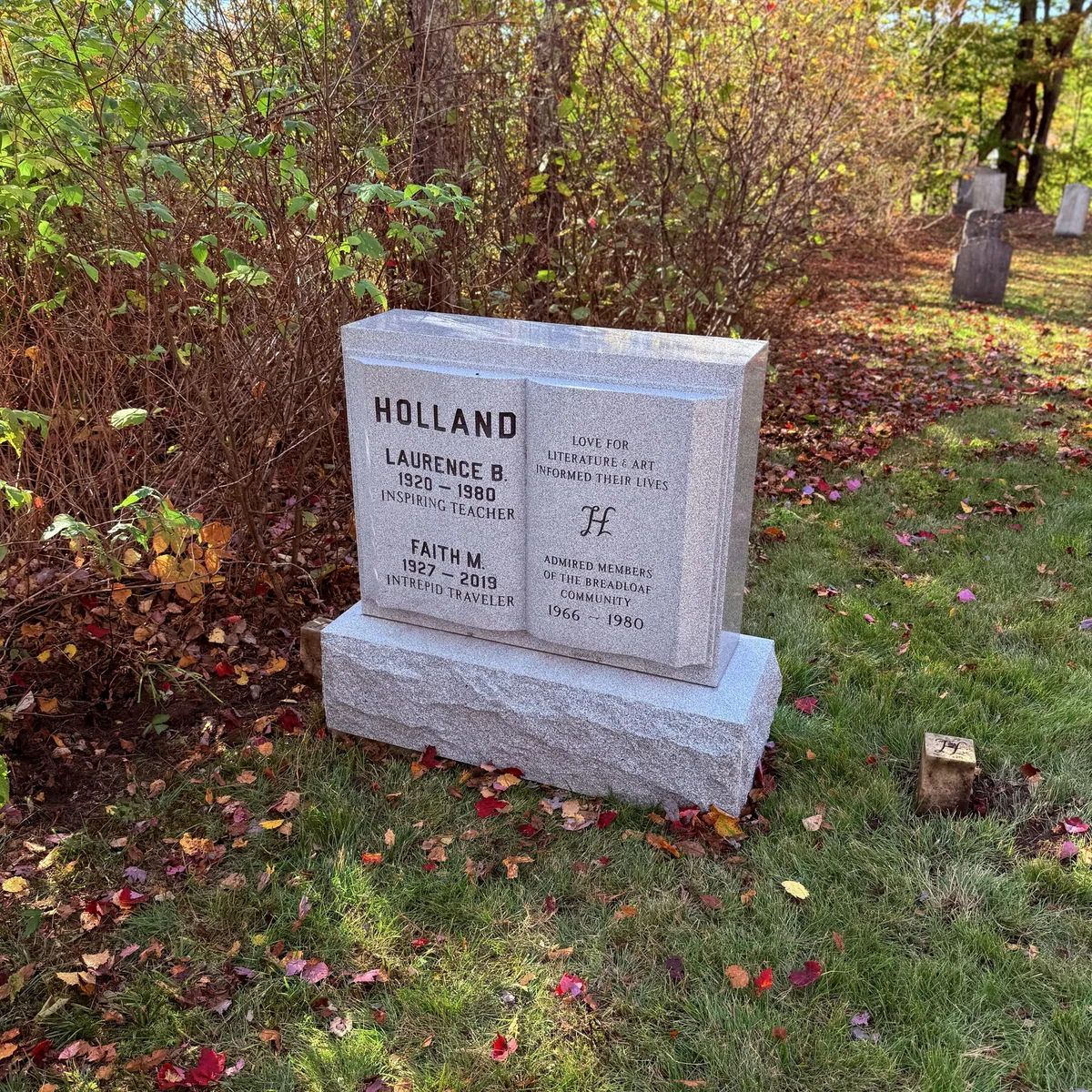The Holland memorial — custom Barre Gray book design with a fully polished die and rock-pitched drop-wash base