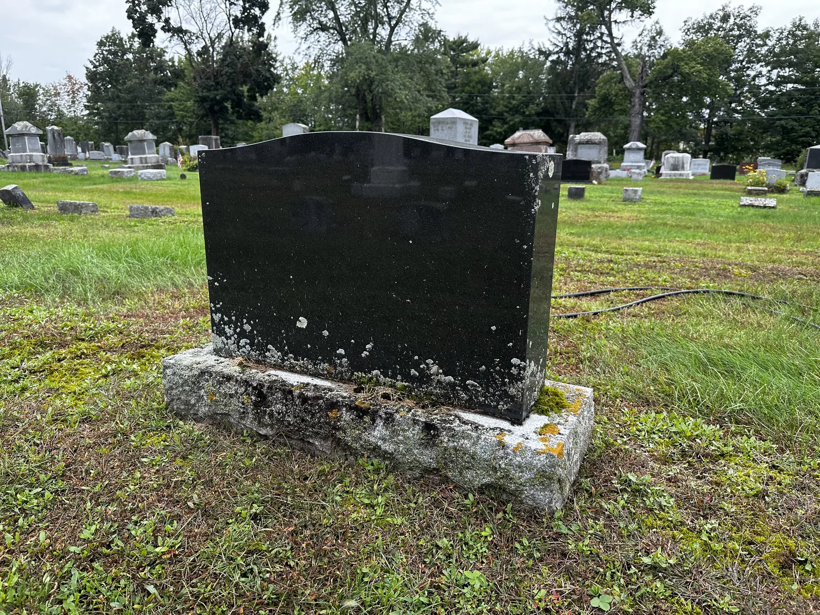 A round-top granite monument darkened by long-term biological staining and surface buildup before cleaning