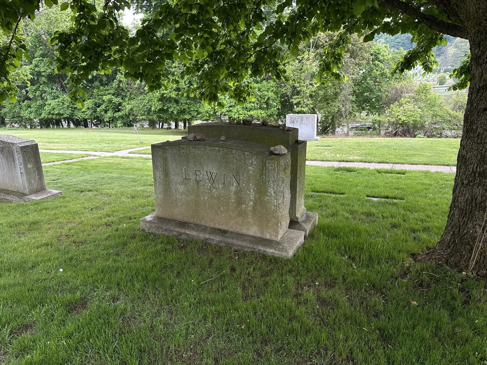 Two granite monuments side by side — the one in the foreground under a heavy hardwood canopy with visible biological buildup, the one in the open background noticeably cleaner
