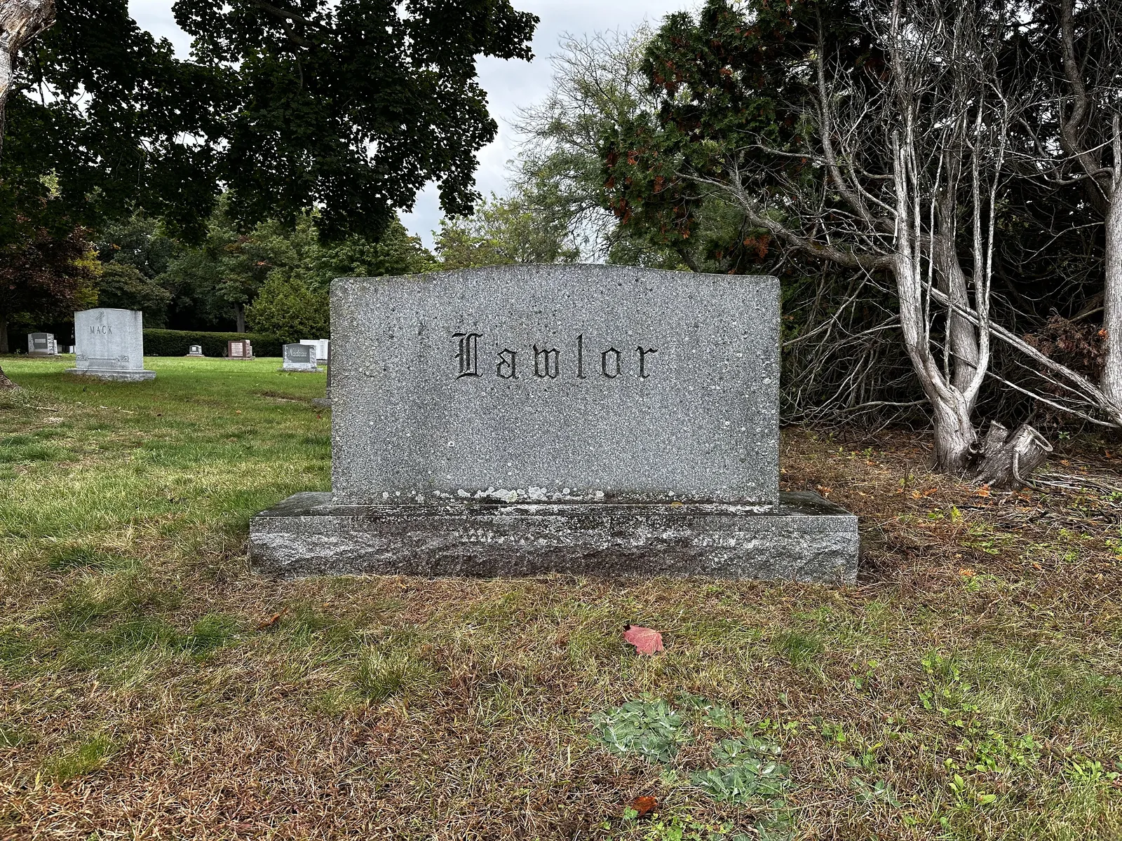 The Lawlor upright monument with biological staining and weathering before cleaning