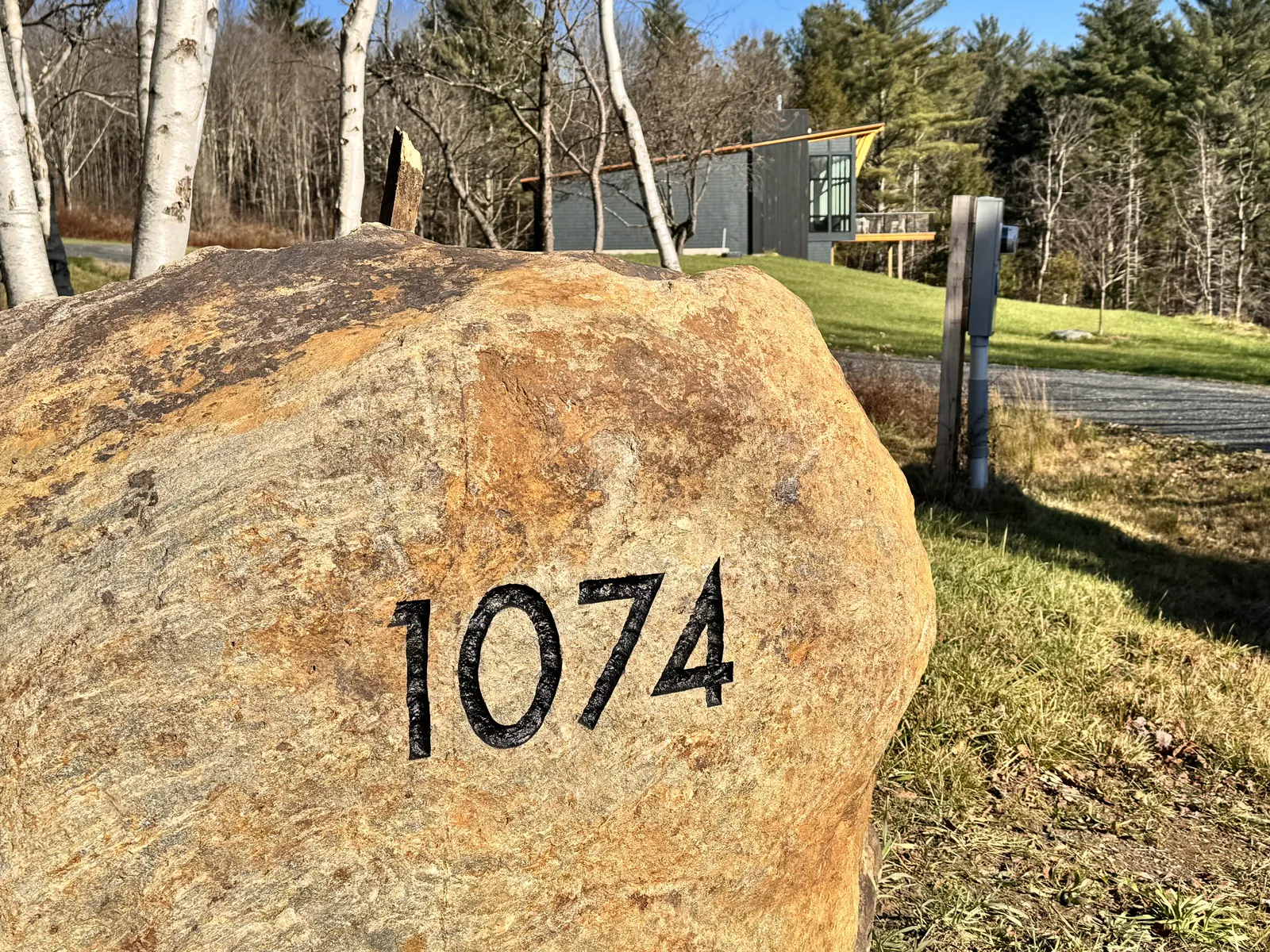 Address carved into a boulder set at a private home