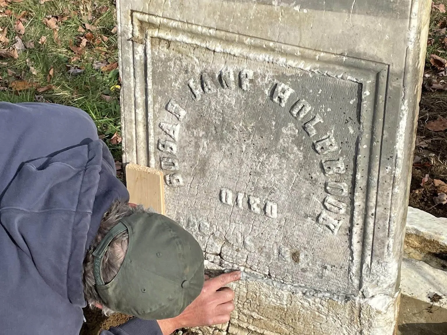 Careful epoxy repair on a cracked nineteenth-century marble monument
