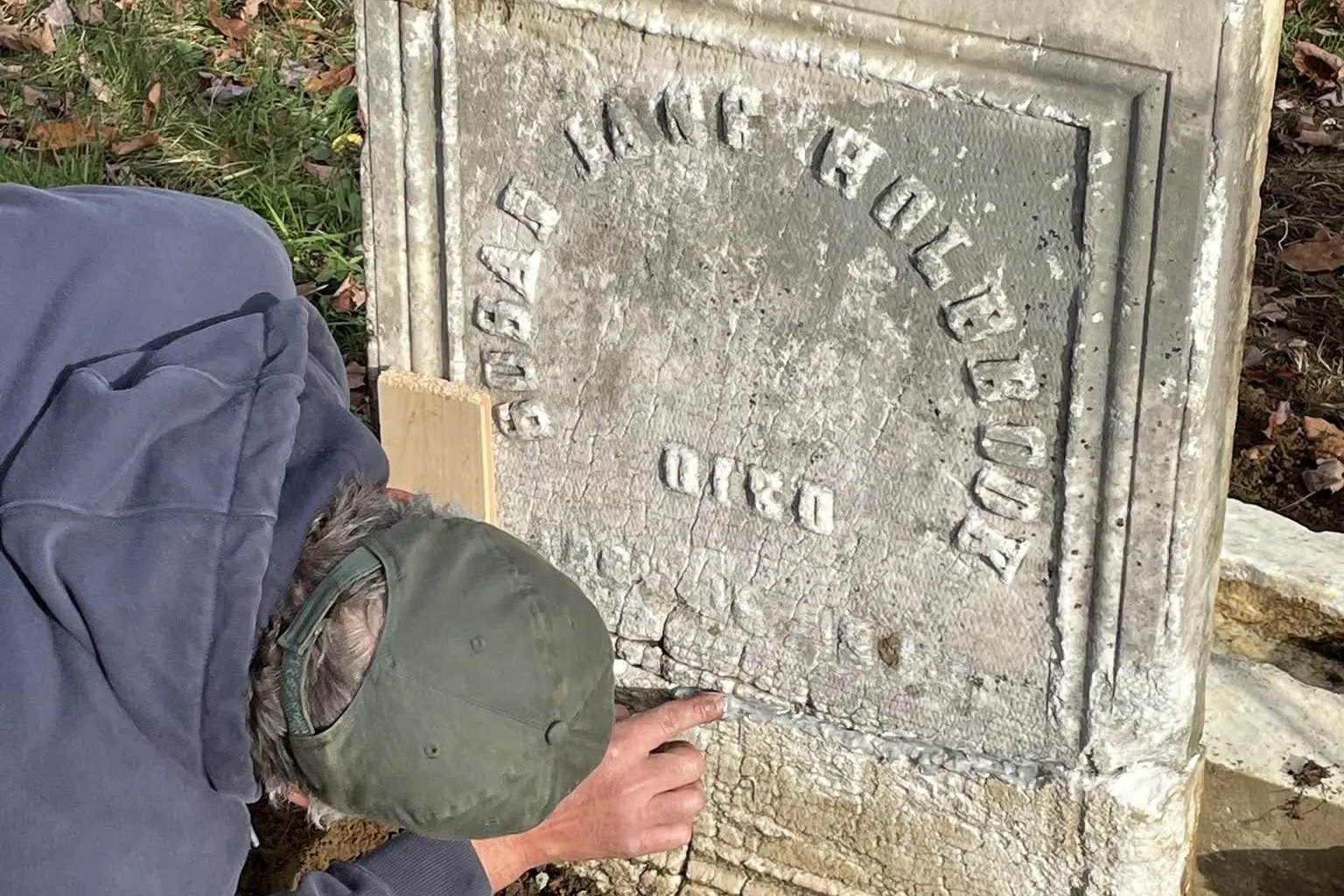 Careful epoxy repair on a cracked nineteenth-century marble monument